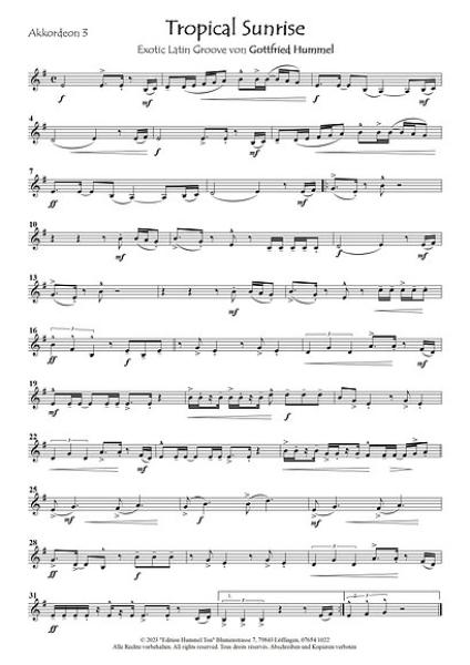 Tropical Sunrise, Gottfried Hummel, Akkordeonorchester, Exotic Latin Groove, Sommer, Sonne, Strand, Easy-Stimme, Kiddy-Stimme, leicht-mittelschwer, Originalkomposition, Originalmusik, Akkordeon Noten, Einblick in die Noten