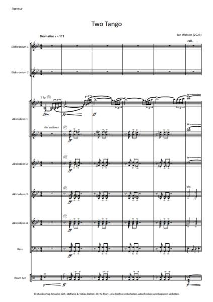 Two Tango, Ian Watson, Akkordeon-Orchester, mittelschwer, London Accordion Players, London Accordion Orchestra, Astor Piazzolla, im Stile dramatischer Filmmusik, Originalkomposition, Originalmusik, Akkordeon Noten, Notenbeispiel