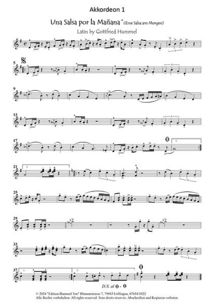 Una Salsa por la mañana, Gottfried Hummel, Akkordeonorchester, Latin-Groove, Originalkomposition, Originalmusik, mittelschwer, Akkordeon Noten, Blick in die Noten