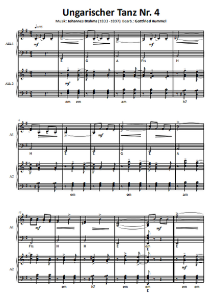 Ungarische Tänze Nr. 1, 4 & 5, Johannes Brahms, Gottfried Hummel, Akkordeon-Duo, Standardbass MII, Klassiker, mittelschwer, Akkordeon Noten, Probeseite