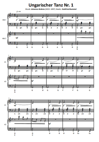 Ungarische Tänze Nr. 1, 4 & 5, Johannes Brahms, Gottfried Hummel, Akkordeon-Duo, Standardbass MII, Klassiker, mittelschwer, Akkordeon Noten, Einblick in die Noten