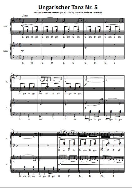 Ungarische Tänze Nr. 1, 4 & 5, Johannes Brahms, Gottfried Hummel, Akkordeon-Duo, Standardbass MII, Klassiker, mittelschwer, Akkordeon Noten