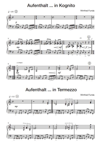 Unterwegs, Winfried Funda, Akkordeon-Solo, Standardbass MII, Melodiebass MIII, Spielheft, Solo-Band, 4 freitonale Spielstücke, schwer, Akkordeon Noten, Notenbeispiel