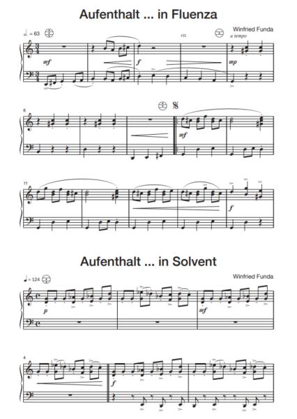 Unterwegs, Winfried Funda, Akkordeon-Solo, Standardbass MII, Melodiebass MIII, Spielheft, Solo-Band, 4 freitonale Spielstücke, schwer, Akkordeon Noten, Beispielseite