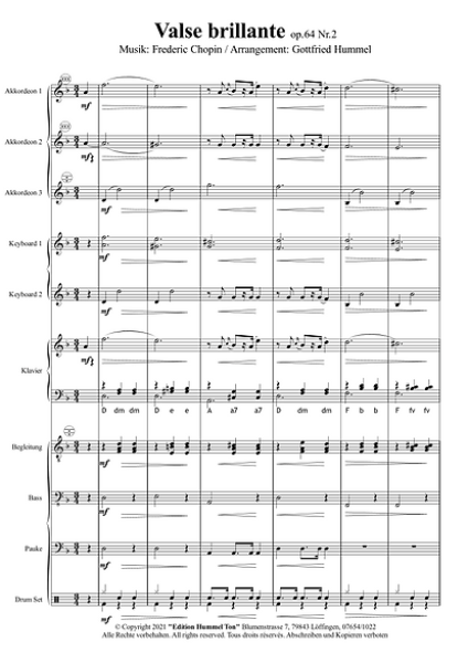 Valse brillante, Frédéric Chopin, Gottfried Hummel, Akkordeonorchester, Klavierwalzer, ​3/4 Takt, Walzernoten, leicht-mittelschwer, Akkordeon Noten
