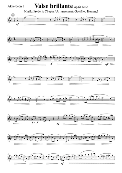 Valse brillante, Frédéric Chopin, Gottfried Hummel, Akkordeonorchester, Klavierwalzer, ​3/4 Takt, Walzernoten, leicht-mittelschwer, Akkordeon Noten