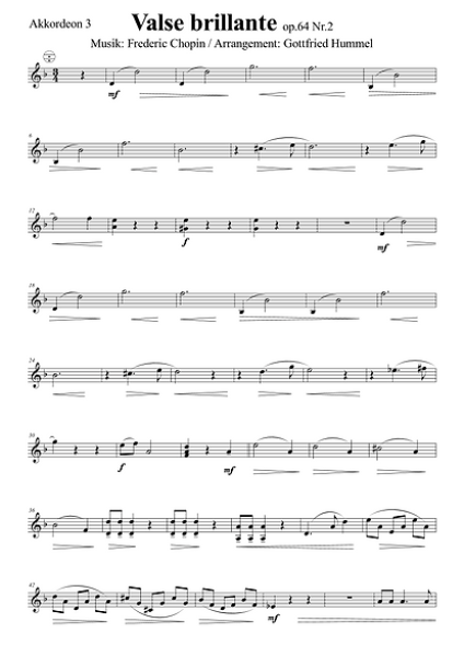 Valse brillante, Frédéric Chopin, Gottfried Hummel, Akkordeonorchester, Klavierwalzer, ​3/4 Takt, Walzernoten, leicht-mittelschwer, Akkordeon Noten