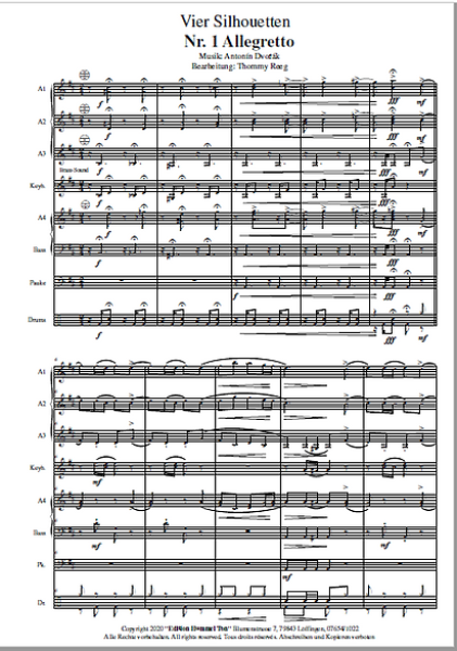 Vier Silhouetten, Partitur, Probeseite, Allegretto, Antonín Dvořák, Thommy Reeg, Akkordeonorchester, Perle der Klaviermusik, Konzertstück, Wettbewerbsliteratur, mittelschwer, Akkordeon Noten