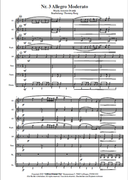 Vier Silhouetten, Allegro Moderato, Probeseite, Antonín Dvořák, Thommy Reeg, Akkordeonorchester, Perle der Klaviermusik, Konzertstück, Wettbewerbsliteratur, mittelschwer, Akkordeon Noten