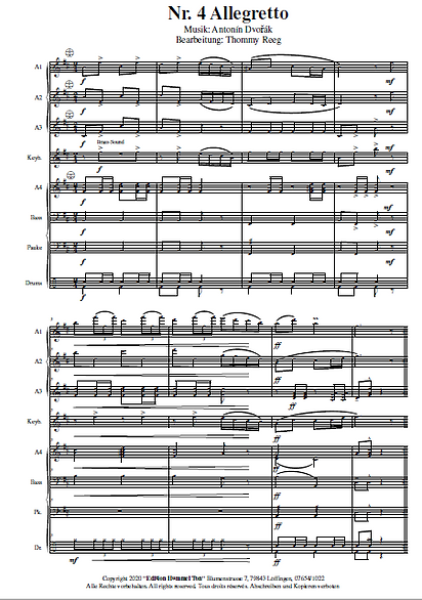 Vier Silhouetten, Einblick in die Partitur, Allegretto, Antonín Dvořák, Thommy Reeg, Akkordeonorchester, Perle der Klaviermusik, Konzertstück, Wettbewerbsliteratur, mittelschwer, Akkordeon Noten