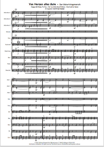 Von Herzen alles Gute - Der Geburtstagsmarsch, Gottfried Hummel, Akkordeon-Orchester, Medley, Potpourri, Geburtstagslieder, Ständchen, leicht-mittelschwer, mit Easy-Stimme, Akkordeon Noten, Probeseite