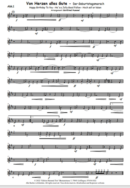 Von Herzen alles Gute - Der Geburtstagsmarsch, Gottfried Hummel, Akkordeon-Orchester, Medley, Potpourri, Geburtstagslieder, Ständchen, leicht-mittelschwer, mit Easy-Stimme, Akkordeon Noten, Einblick in die Partitur