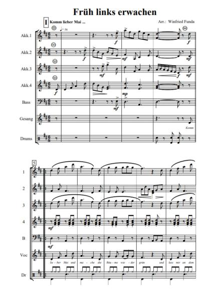 Früh links erwachen, Winfried Funda, Medley. Akkordeon-Orchester, ​es darf mitgesungen werden, mittelschwer, Akkordeon Noten, Beispielseite