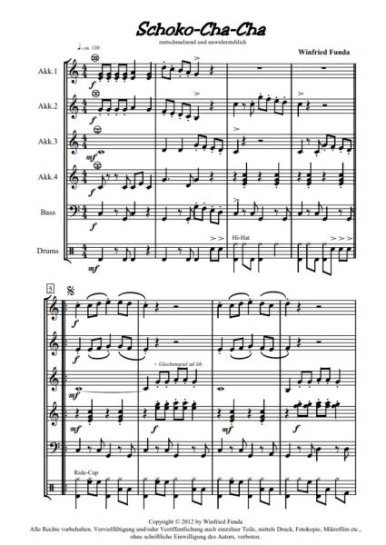 Schoko-Cha-Cha, Winfried Funda, Akkordeon-Orchester, leicht, Elementarstufe, Cha-Cha-Cha, Originalkomposition, Wertungsstück, Wettbewerbsliteratur, Wettbewerbsnoten, Originalmusik, Akkordeon Noten, Notenbeispiel