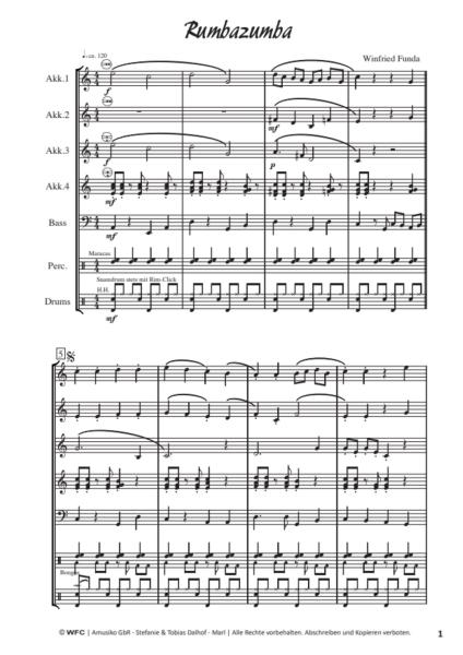 Rumbazumba, Winfried Funda, Akkordeon-Orchester, leicht, Elementarstufe, Originalkomposition, Wettbewerbsstück, Wettbewerbsliteratur, Wertungsstück, Originalmusik, Schülerorchester, Akkordeon Noten, Blick in die Noten