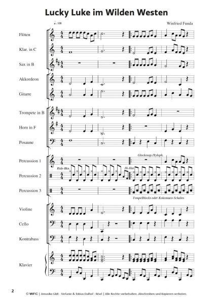 Lucky Luke im Wilden Westen, Winfried Funda, Kunterbuntes Orchester, Originalkomposition, inkl. Online-Audio, leicht, Noten für Schulorchester, Notenbeispiel