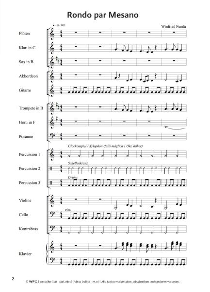 Rondo par Mesano, Winfried Funda, Kunterbuntes Orchester, inkl. Online-Audio, leicht, Noten für Schulorchester, Blick in die Noten