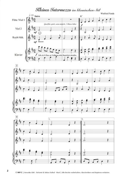 Kleines Intermezzo im klassischen Stil, Winfried Funda, Kammermusik-Quartett, variable Besetzung, Violine, Akkordeon, Keyboard, Klavier, Flöte, Originalkomposition, Originalwerk, inkl. Online-Audio, leicht, Kammermusik Noten, Notenbeispiel
