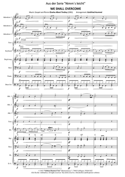 We Shall Overcome, Charles Albert Tindley, Gottfried Hummel, Akkordeonorchester, Gospelsong, leicht, Easy-Stimme, spirituelle Musik, Mutmacher in schweren Zeiten, Akkordeon Noten