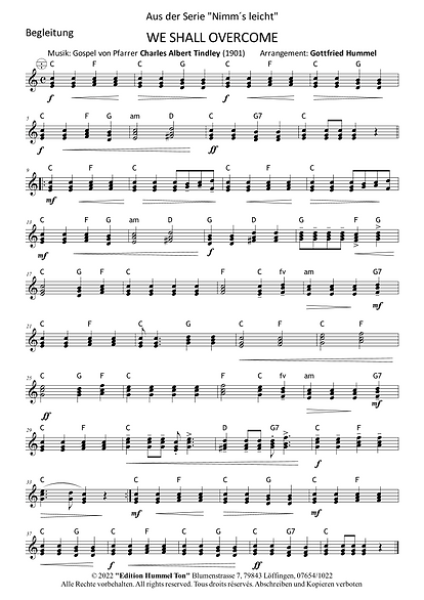 We Shall Overcome, Charles Albert Tindley, Gottfried Hummel, Akkordeonorchester, Gospelsong, leicht, Easy-Stimme, spirituelle Musik, Mutmacher in schweren Zeiten, Akkordeon Noten