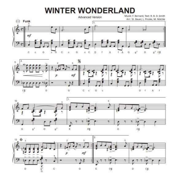 Winter Wonderland, Felix Bernard, Matthias Matzke, Lukas Proste, Stefan Bauer, Einzelausgabe, Akkordeon-Solo, Standardbass MII, Weihnachtslied, Weihnachtsklassiker, 3 Versionen, leicht, mittelschwer, schwer, Funk-Style, Groovy Christmas, Akkordeon Noten,