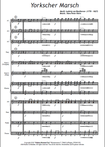 Yorkscher Marsch, Partitur, Probeseite, Ludwig van Beethoven, Hans Peter Klein, Akkordeonorchester, Militärmarsch, leicht-mittelschwer, Easy-Stimme, Akkordeon Noten