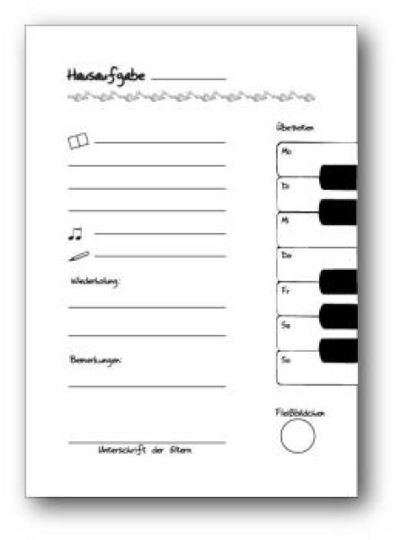 Hausaufgaben- und Übungsheft 1 "Malen", Marianne Baldauf, Bindeglied zwischen Musiklehrer und Elternhaus, Aufmunterung zum täglichen Üben, Aufschluss über Lernfortschritt, Tipps und Tricks