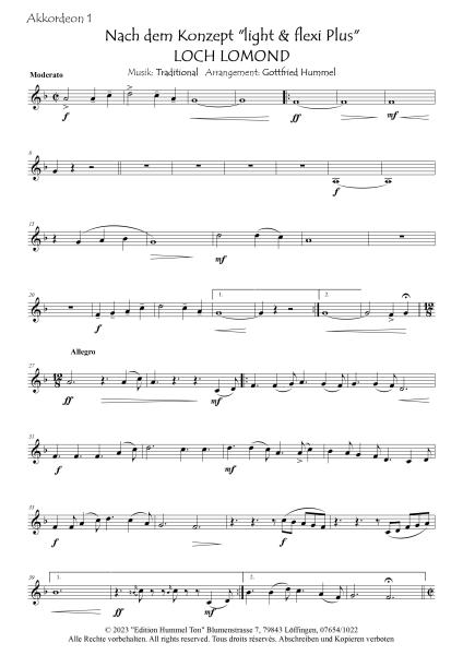 Loch Lomond, Gottfried Hummel, Akkordeon-Orchester, Air, Scottish Traditional, alte schottische Melodie, gälische Folklore, leicht-mittelschwer, Easy-Stimme, Akkordeon Noten, Beispielseite