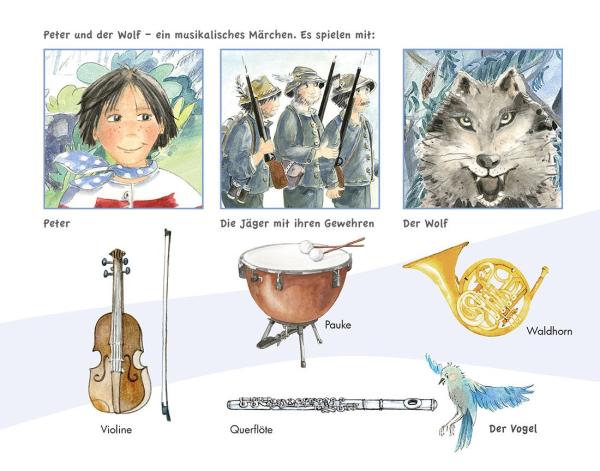 Peter und der Wolf, Sergei Prokofjew, ​Karin Schuh, Sissi Katefidis, Musikalisches Bilderbuch, inkl. Audio-CD, musikalisches Märchen, Klassik-Schatz, für Kindergarten, Vorschule, Grundschule, zu Hause, Beispielseite